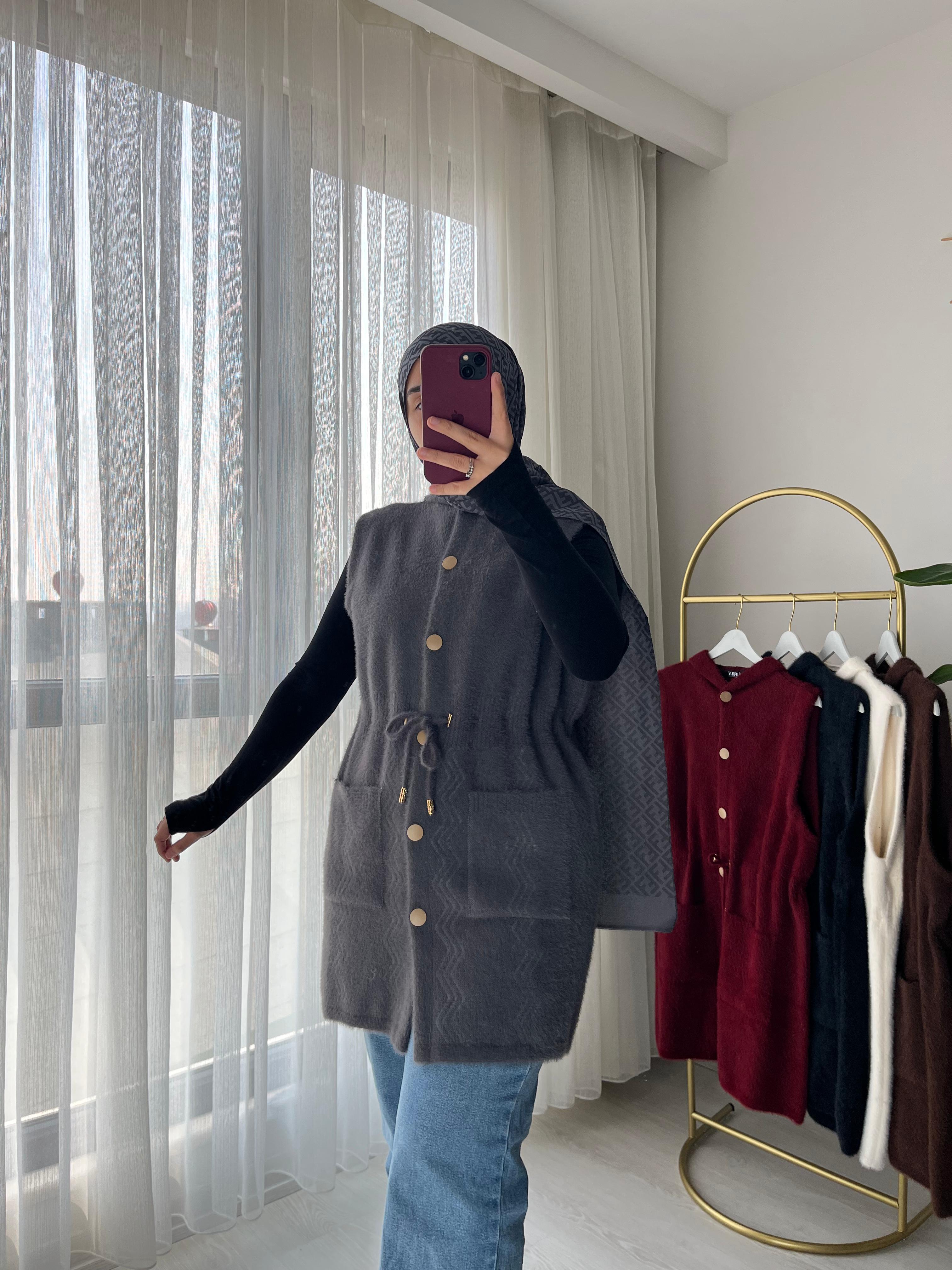 Kapüşonlu Beli Ayarlanabilir Desenli Angora Yelek - Açık Gri