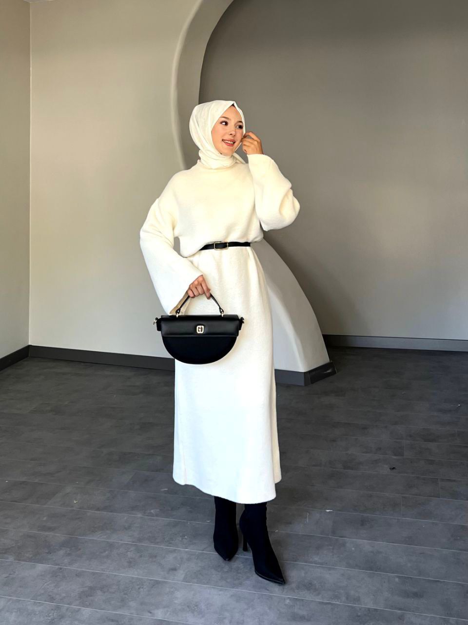 Kemerli Angora Elbise - Ekru