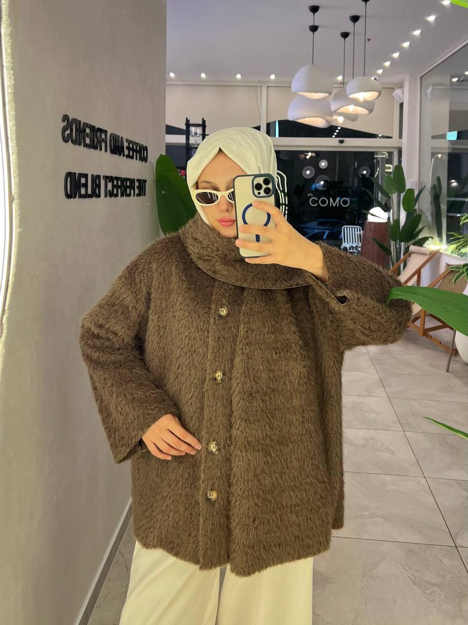 Atkılı Peluş Ceket - Kahverengi