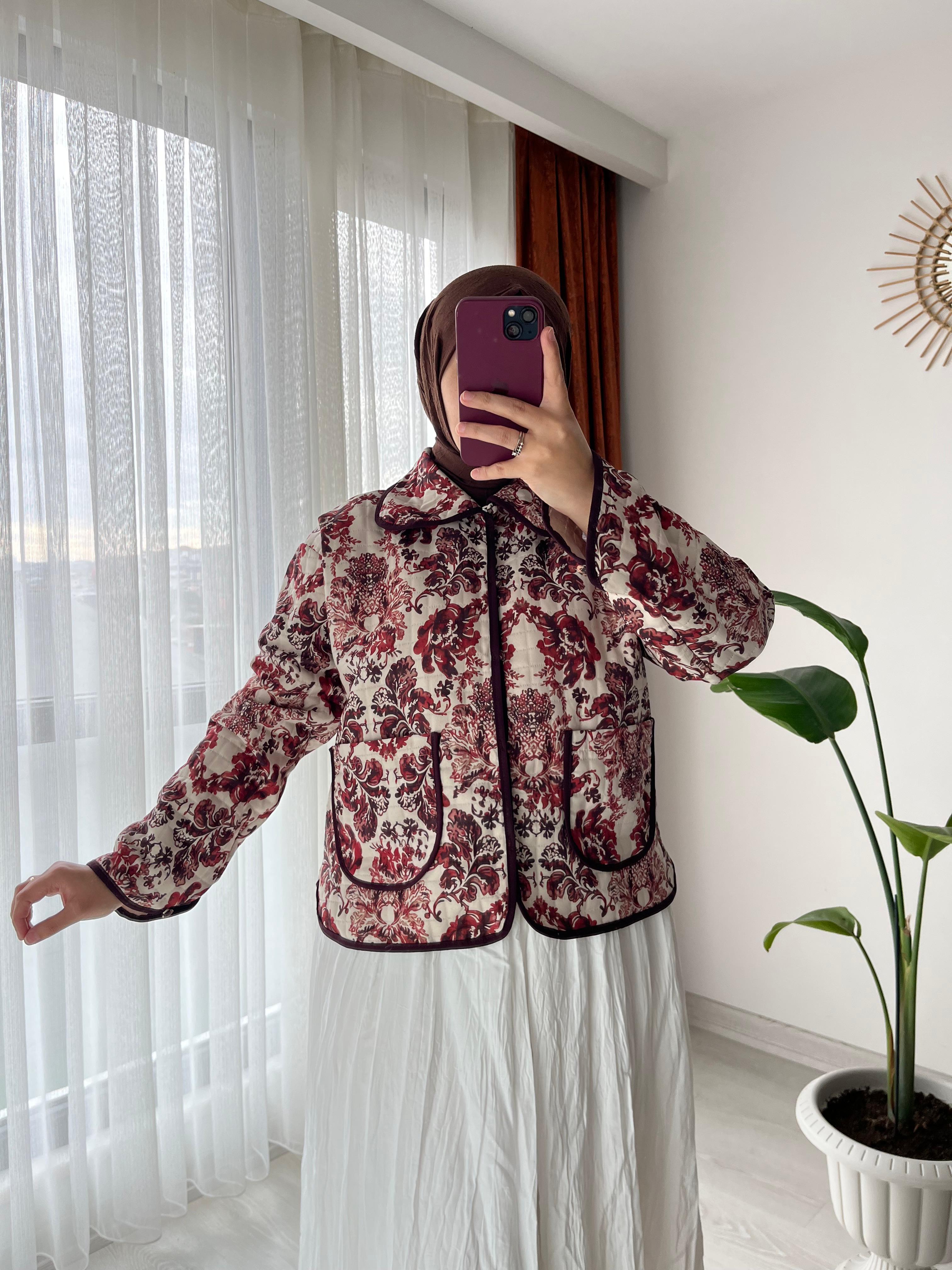 Bebe Yaka Etnik Desen Kapitone Ceket - Kahverengi