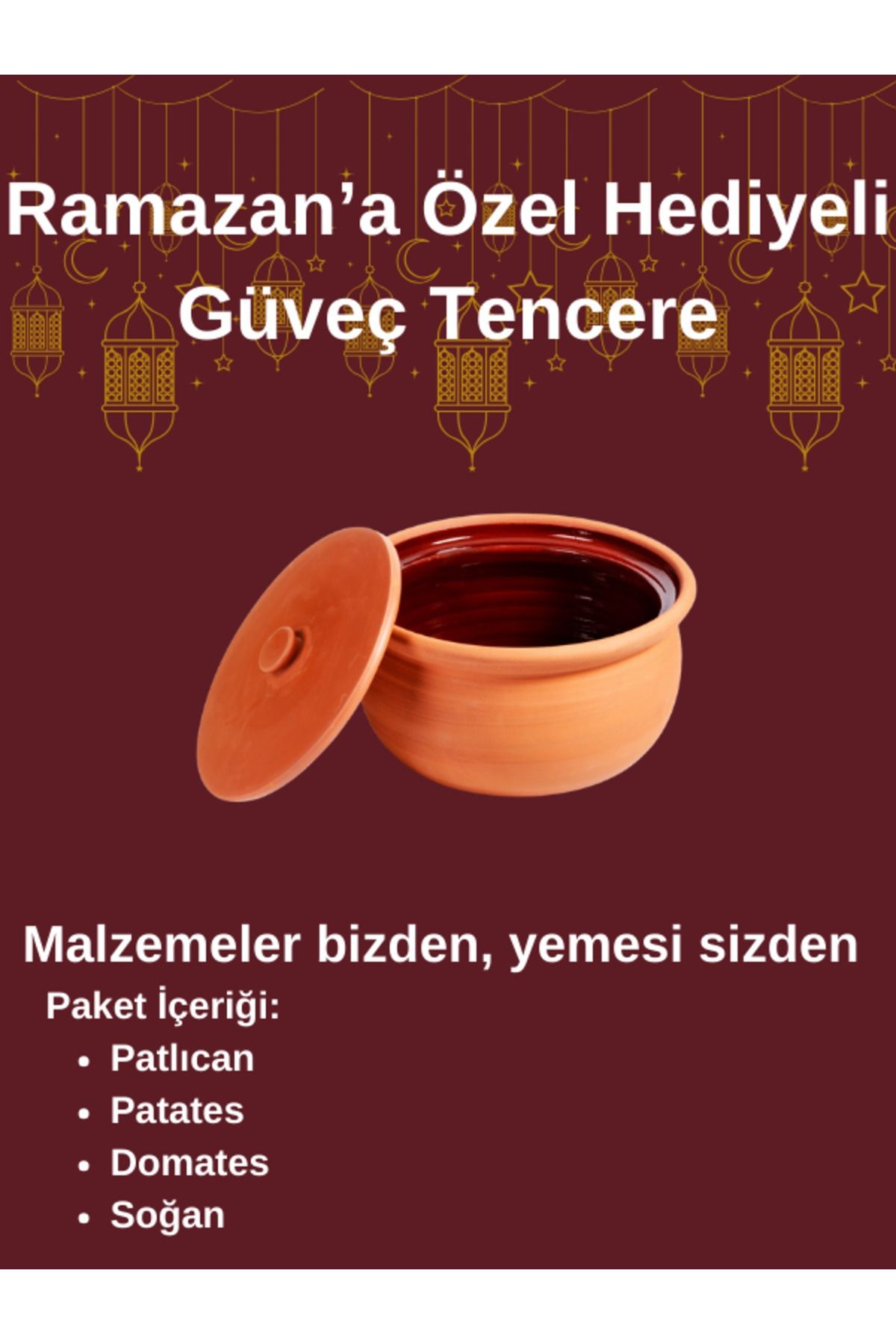 İçi Sırlı Orta Boy Güveç Tencere Hediyeli