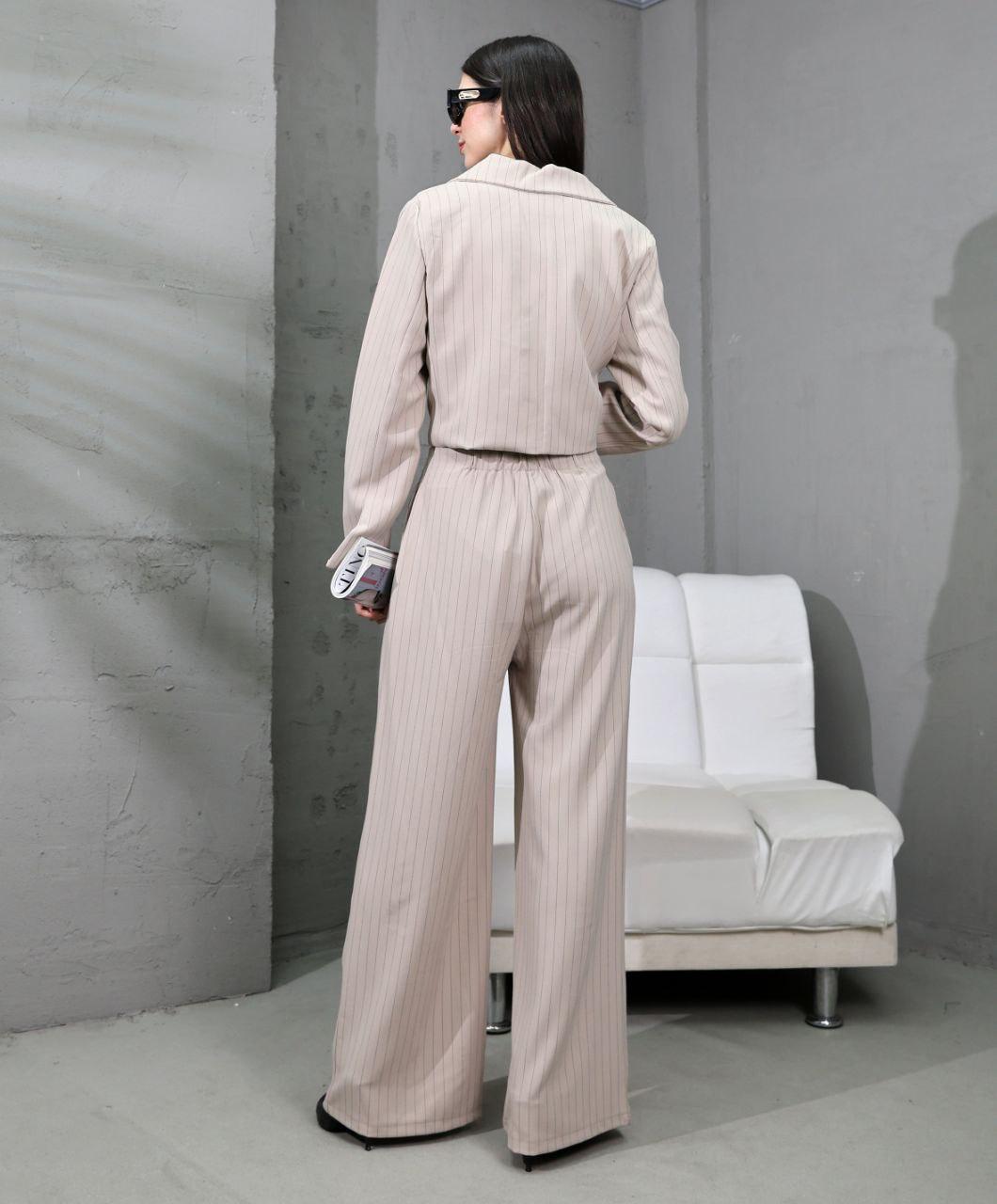 Bej Rengi Kısa Çizgili Ceket Pantolon Takım