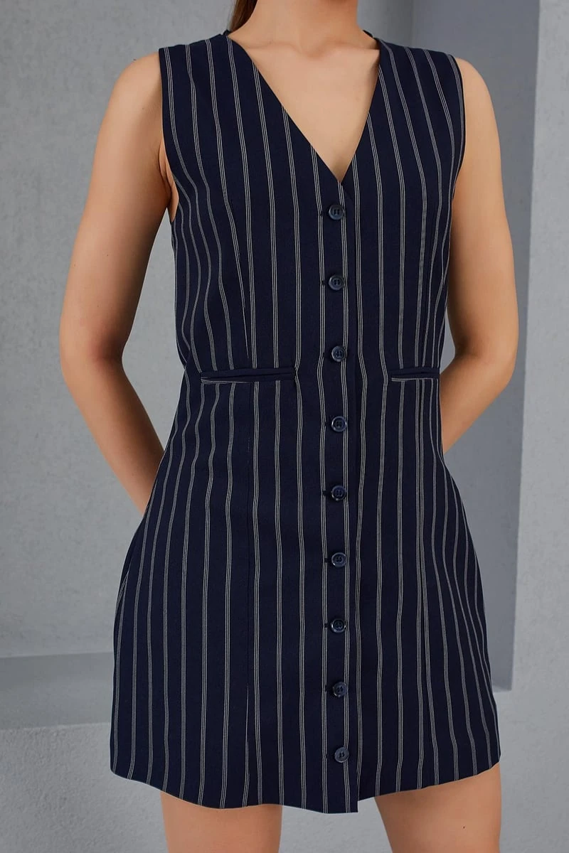 Lacivert Çizgili Cepli Elbise