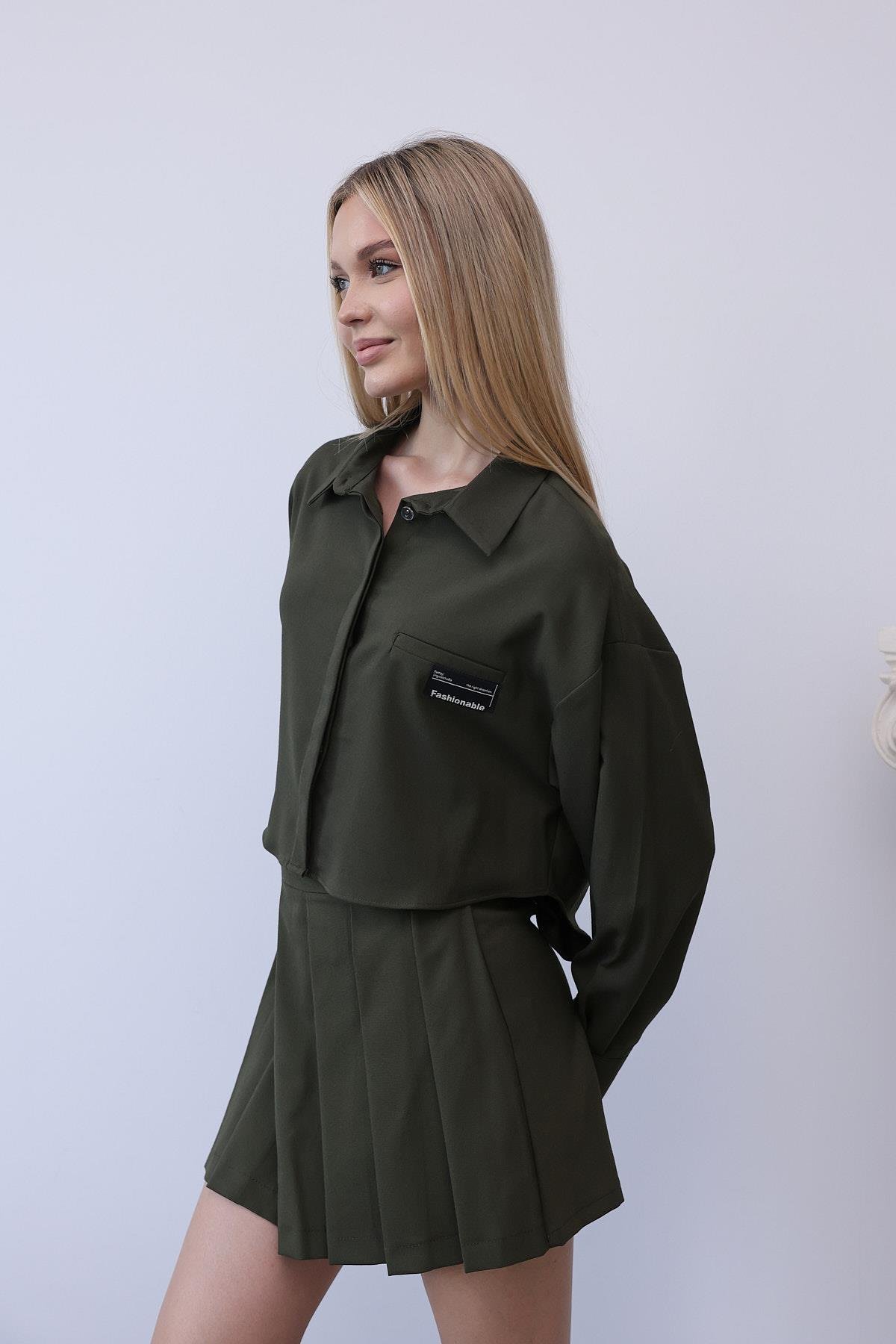 Haki Renk Gömlek Şort Etek Takım