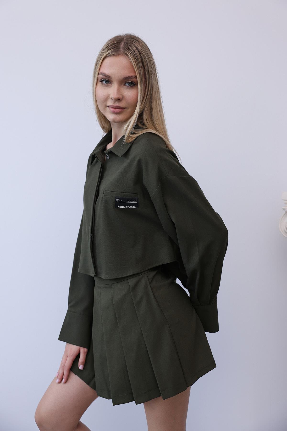Haki Renk Gömlek Şort Etek Takım
