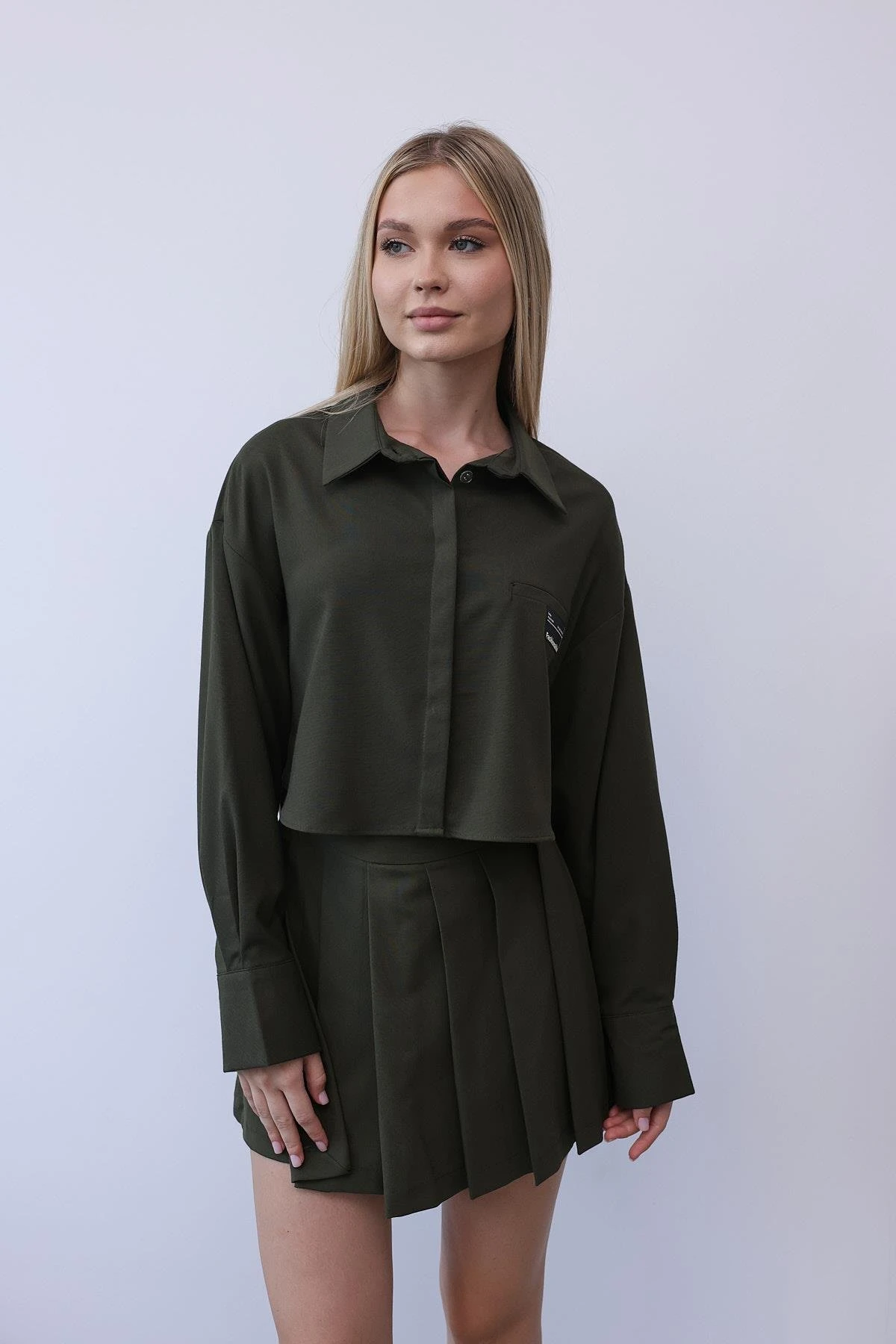 Haki Renk Gömlek Şort Etek Takım