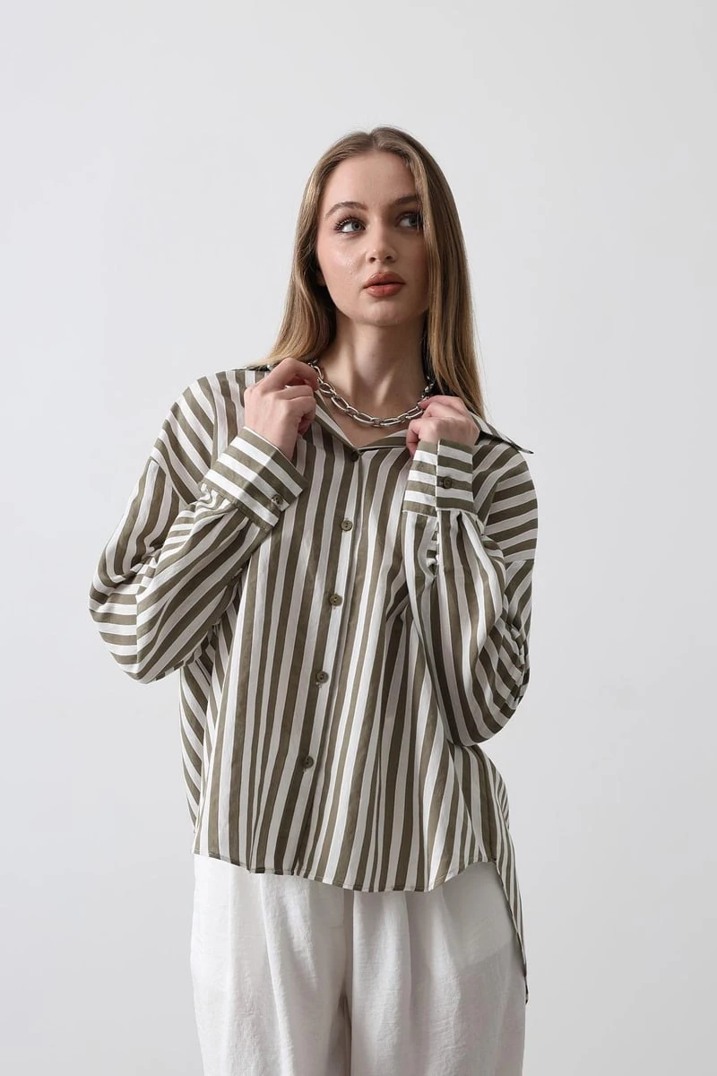 Haki Renk Çizgili Gömlek
