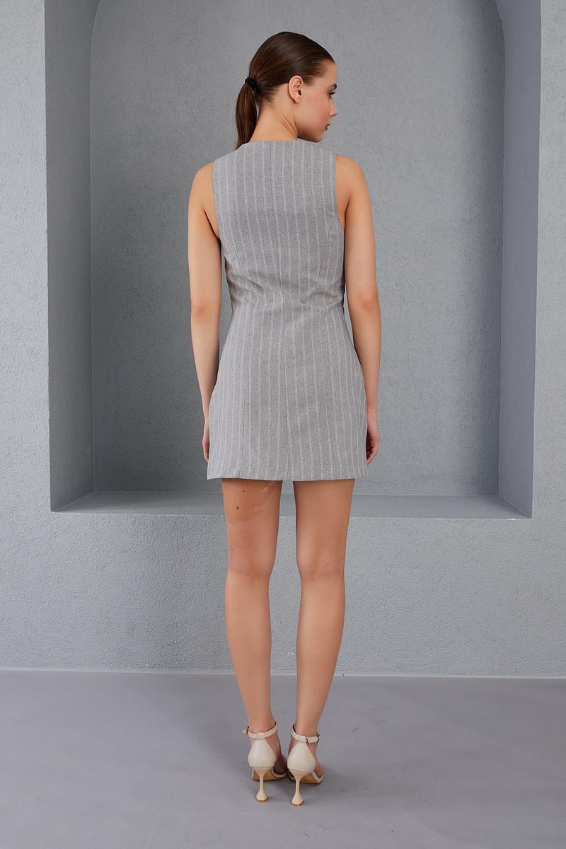 Gri Çizgili Cepli Elbise