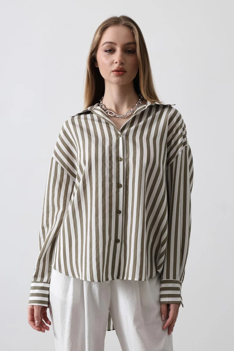 Haki Renk Çizgili Gömlek