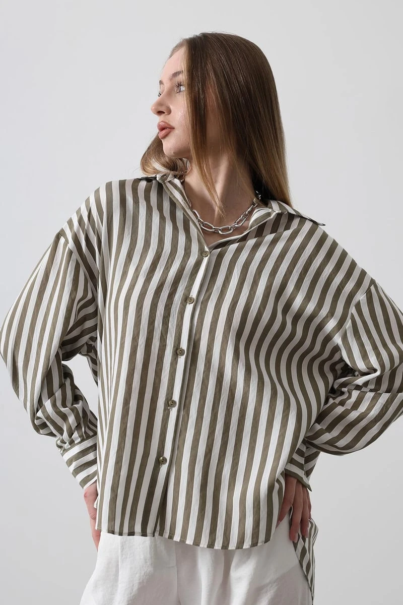 Haki Renk Çizgili Gömlek