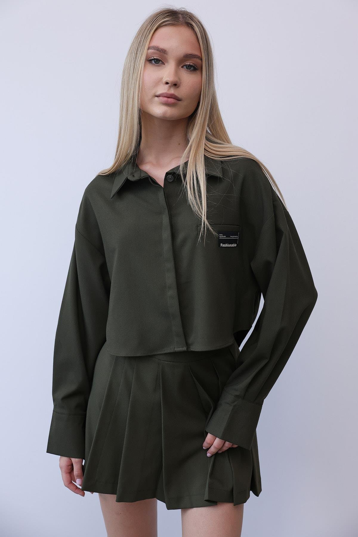 Haki Renk Gömlek Şort Etek Takım