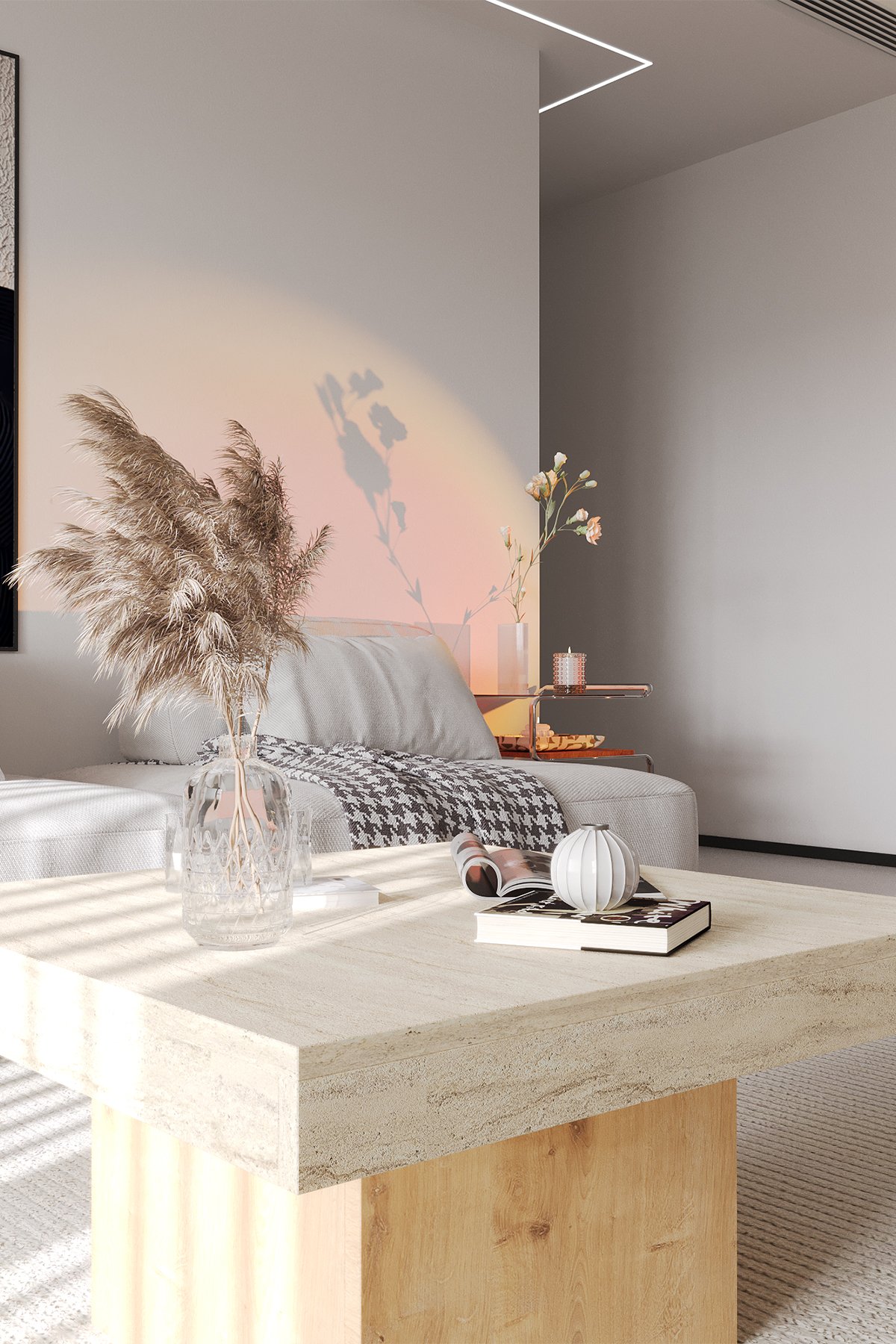 VOLKA Orta Sehpa 72x72 cm İskandinav Stili - Traverten & Safir Meşe