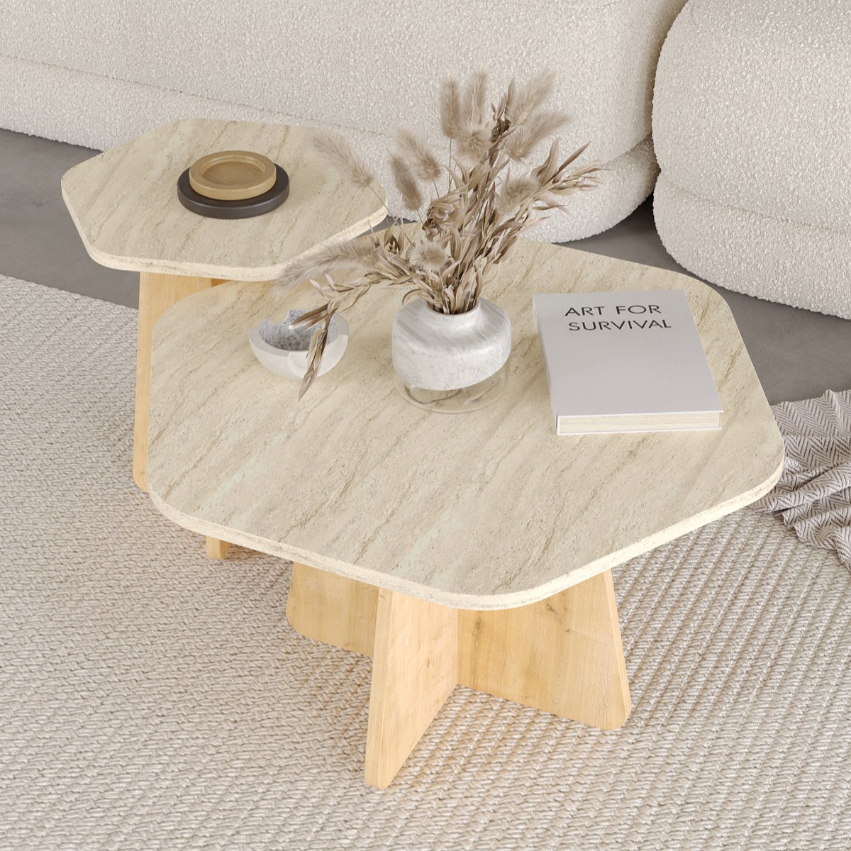HEXA 2 li Orta Sehpa Seti, Bohem Yan Sehpa, İskandinav Stili 72 cm - 40 cm - Traverten & Safir Meşe