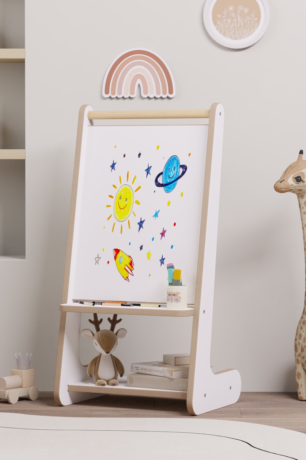 Montessori Kitaplıklı Yazı Tahtası - Beyaz