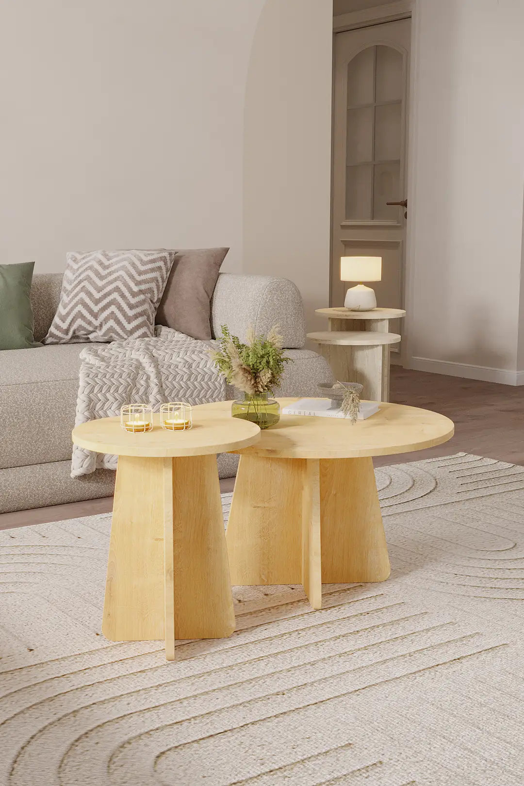 NORD 2'li Orta Sehpa 72 cm-40 cm, İskandinav Orta Sehpa, Bohem, Yuvarlak - Safir Meşe — görsel 4