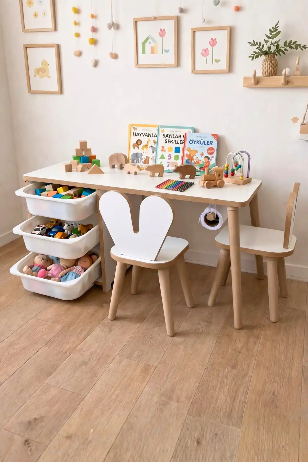 3 Çekmeceli İki Sandalyeli Çocuk Aktivite Masası - Rulo Seti Dahil - Tavşan — görsel 2