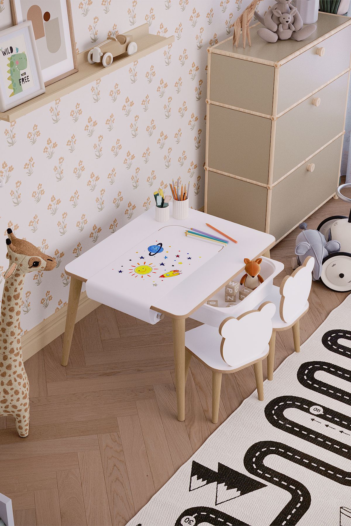 Tek Çekmeceli Aktivite Masası Rulo Resim Kağıtlı - Masa + 2 Panda Sandalye + Rulo Seti
