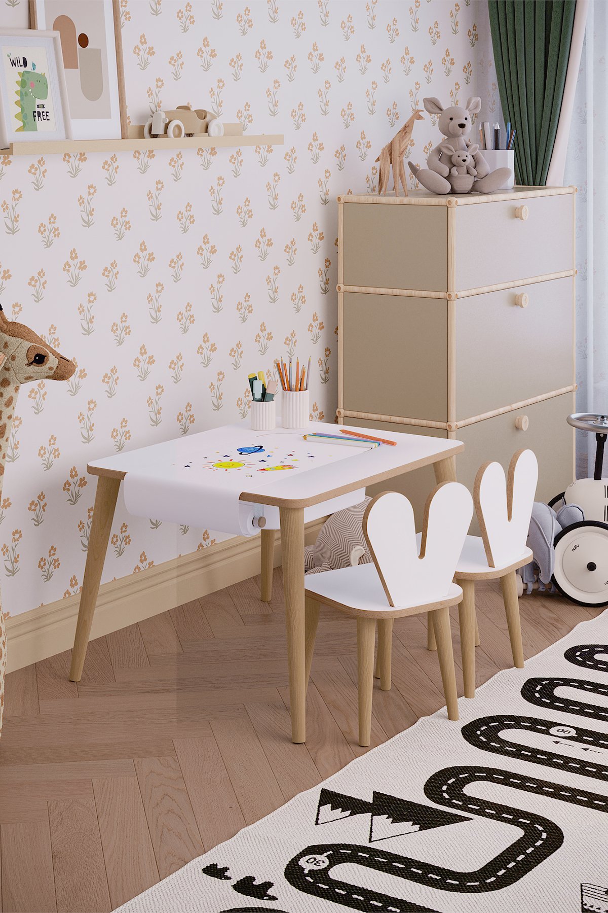 Tek Çekmeceli Aktivite Masası Rulo Resim Kağıtlı - Masa + 2 Tavşan Sandalye + Rulo Seti