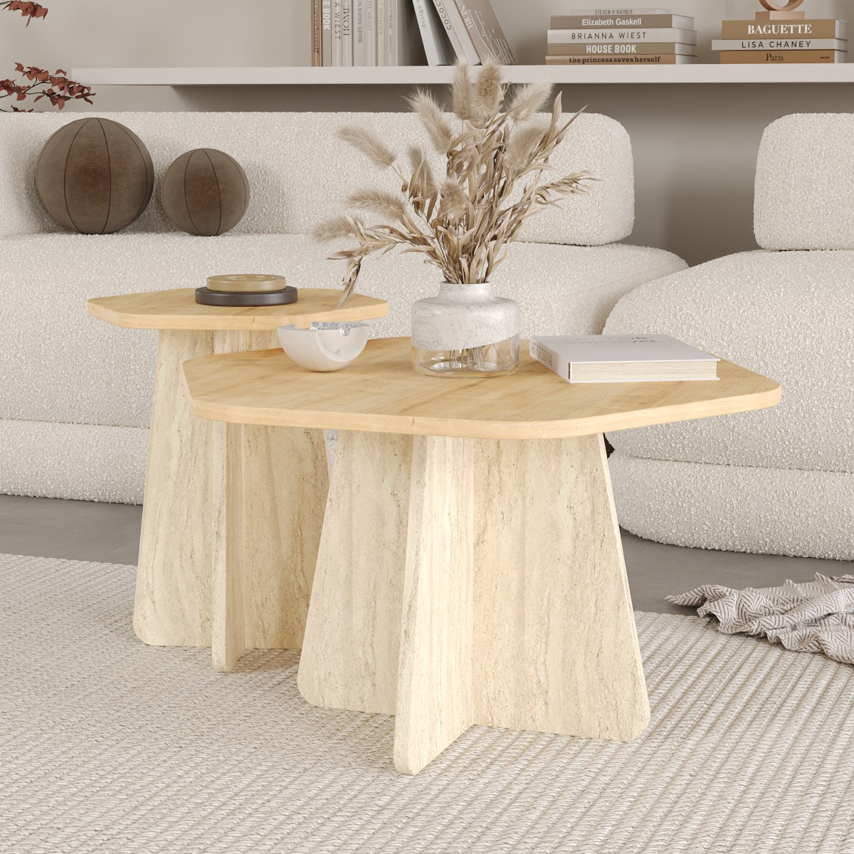 HEXA 2 li Orta Sehpa Seti, Bohem Yan Sehpa, İskandinav Stili 72 cm - 40 cm - Safir Meşe & Traverten