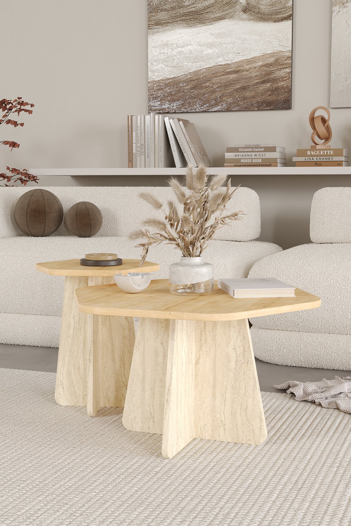 HEXA 2 li Orta Sehpa Seti, Bohem Yan Sehpa, İskandinav Stili 72 cm - 40 cm