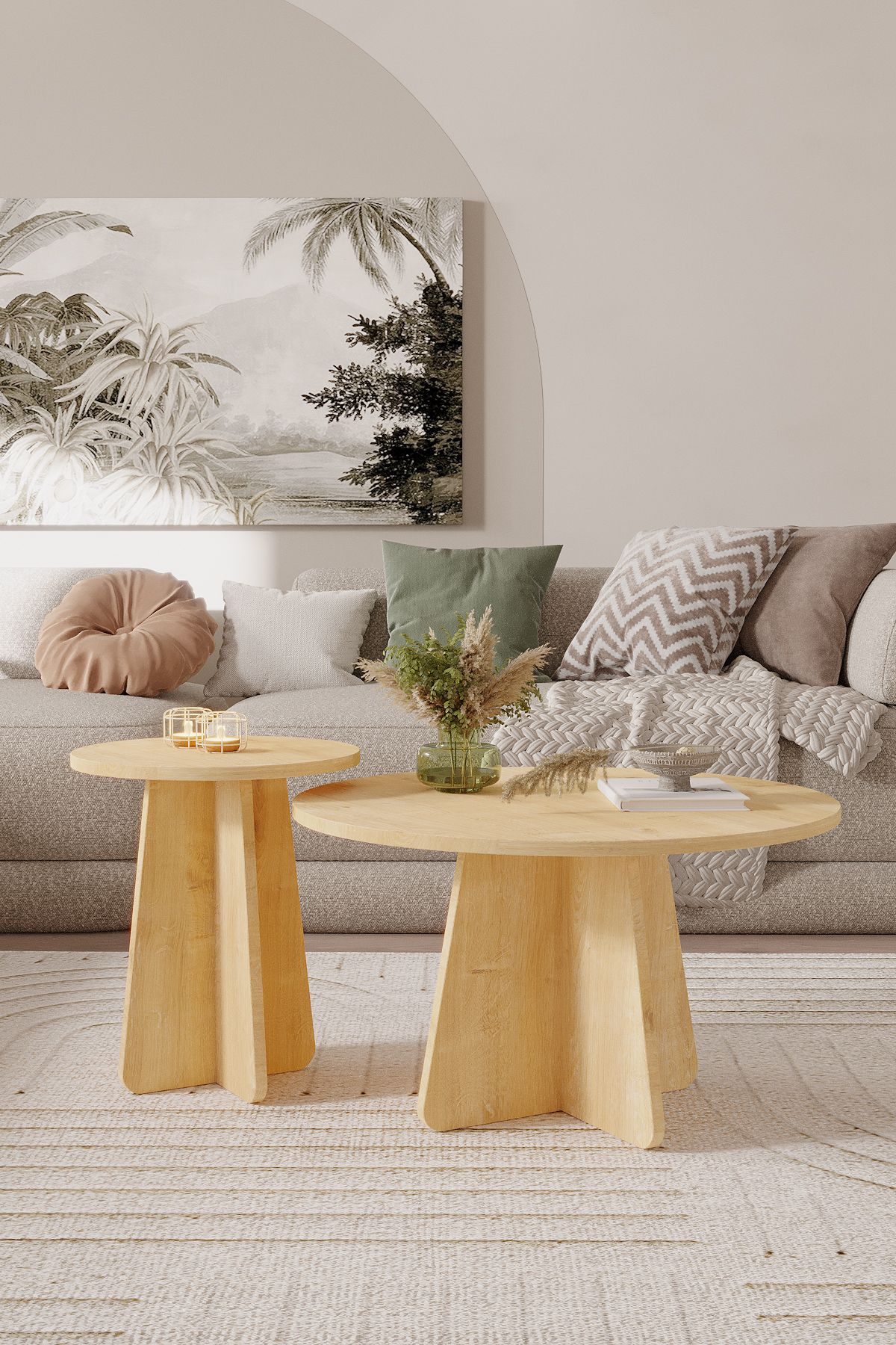 NORD 2'li Orta Sehpa 72 cm-40 cm, İskandinav Orta Sehpa, Bohem, Yuvarlak - Safir Meşe