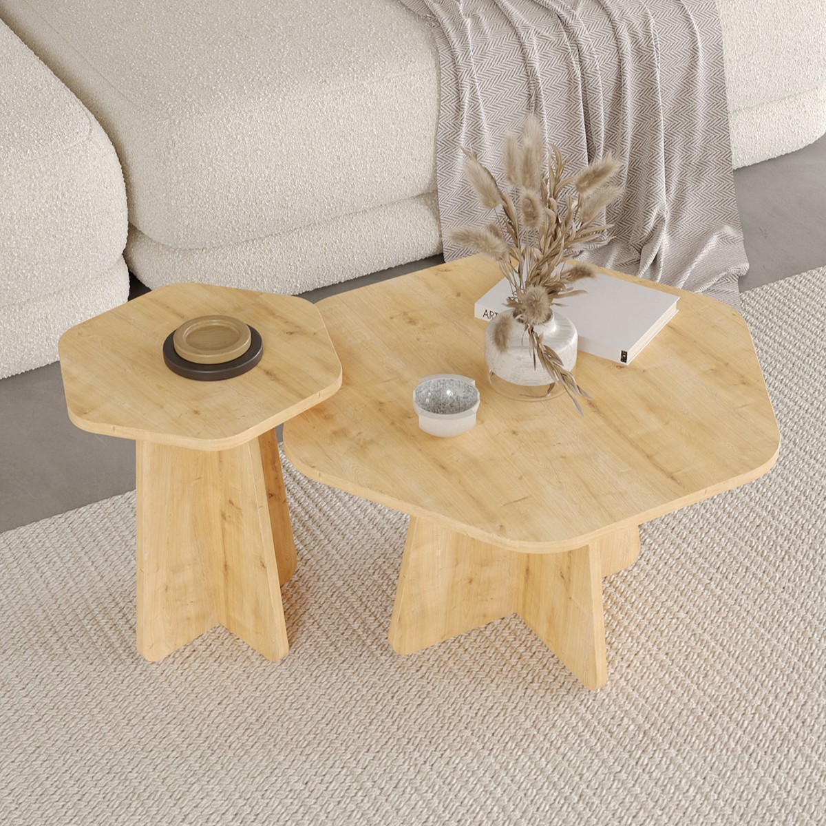 HEXA 2 li Orta Sehpa Seti, Bohem Yan Sehpa, İskandinav Stili 72 cm - 40 cm