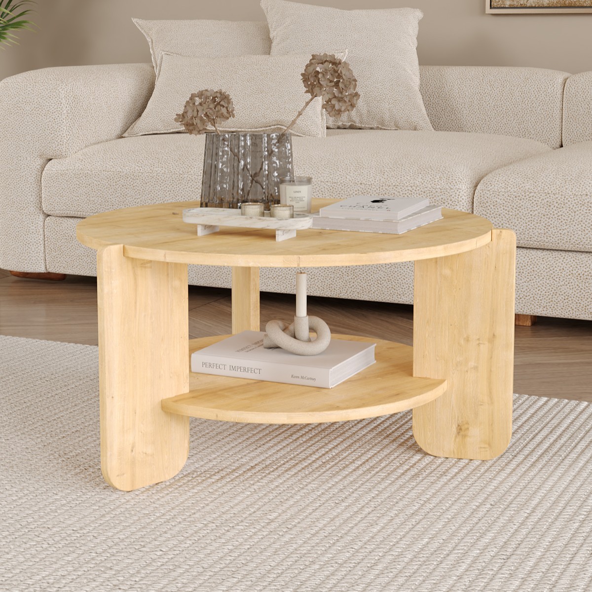 TOVE İskandinav Orta Sehpa 72 cm, Raflı Bohem Orta Sehpa - Safir Meşe