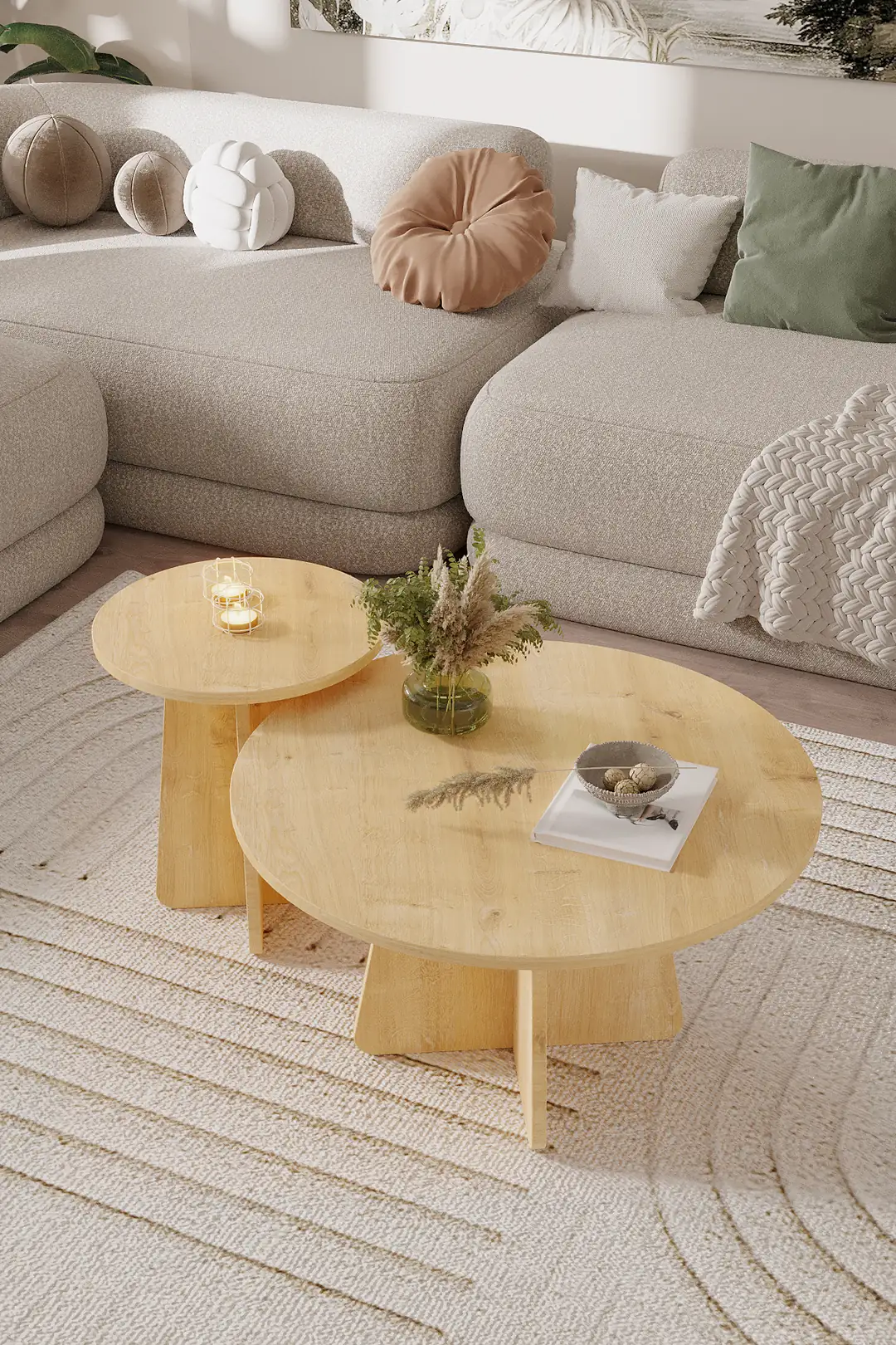 NORD 2'li Orta Sehpa 72 cm-40 cm, İskandinav Orta Sehpa, Bohem, Yuvarlak - Safir Meşe — görsel 5