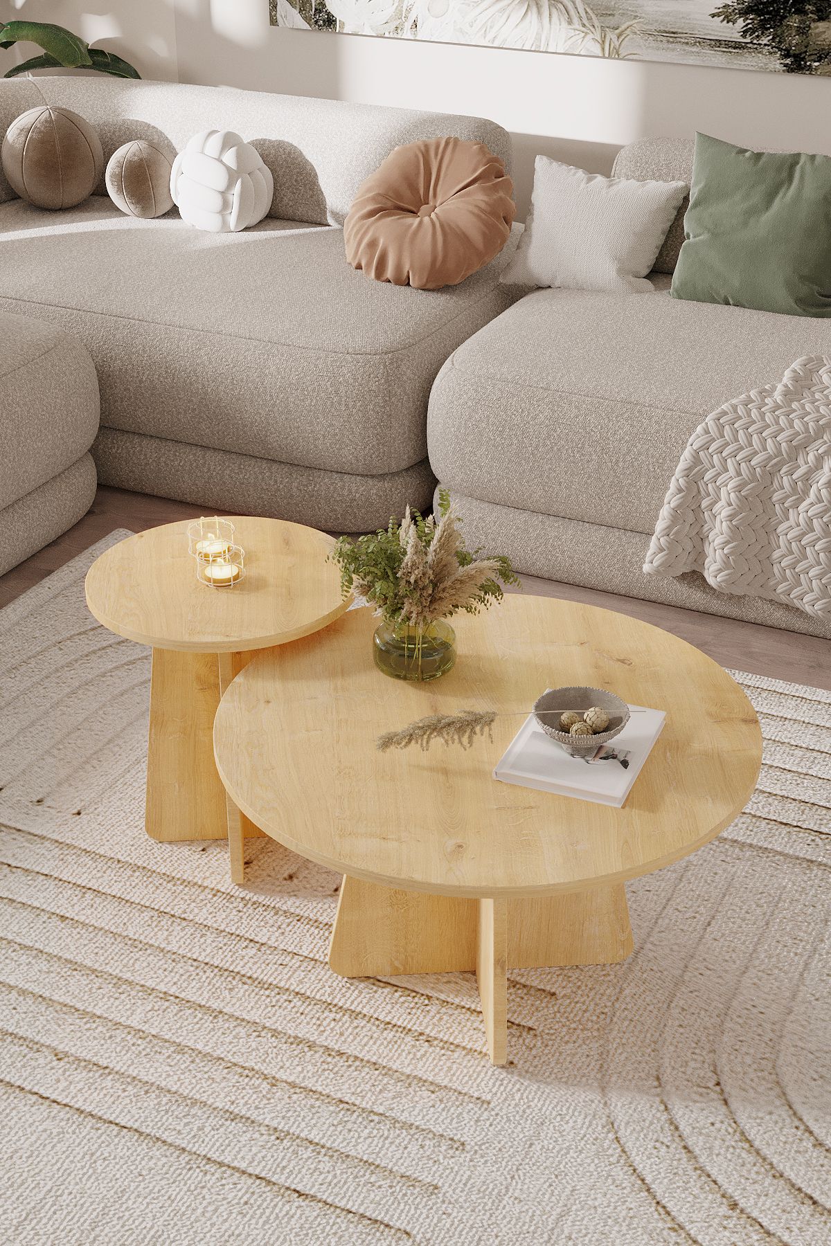 NORD 2'li Orta Sehpa 72 cm-40 cm, İskandinav Orta Sehpa, Bohem, Yuvarlak