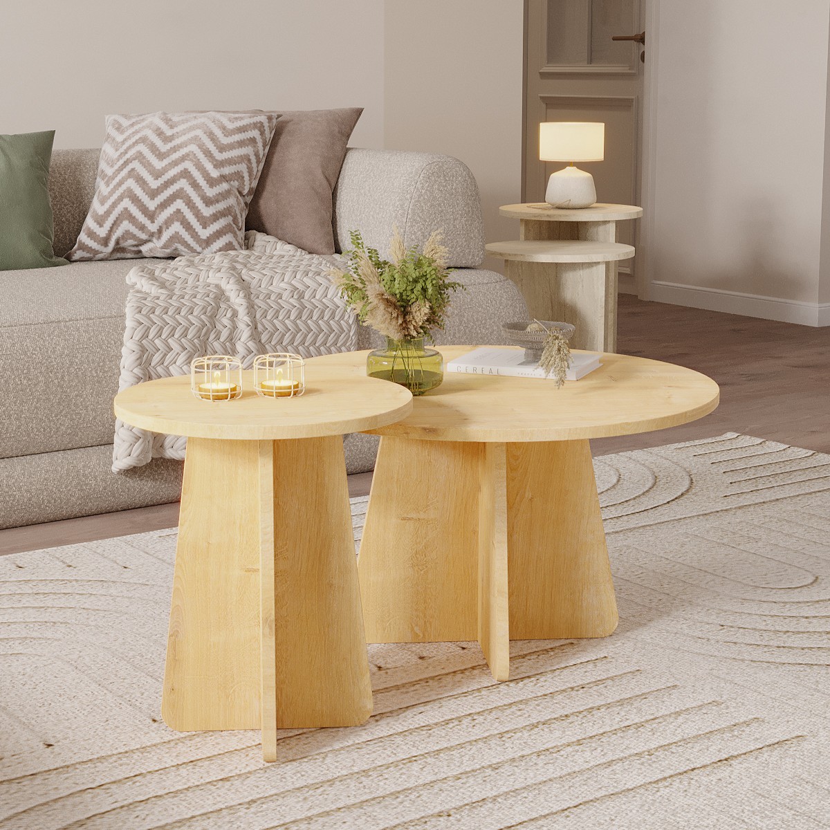 NORD 2'li Orta Sehpa 72 cm-40 cm, İskandinav Orta Sehpa, Bohem, Yuvarlak