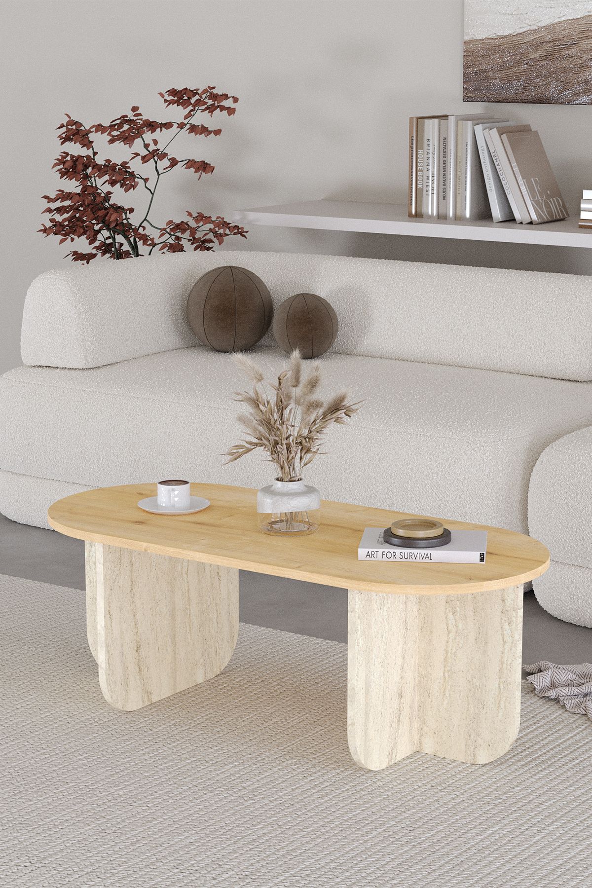 ELO Oval Orta Sehpa, Iskandinav Stil, Bohem, 110x50 cm - Safir Meşe & Traverten