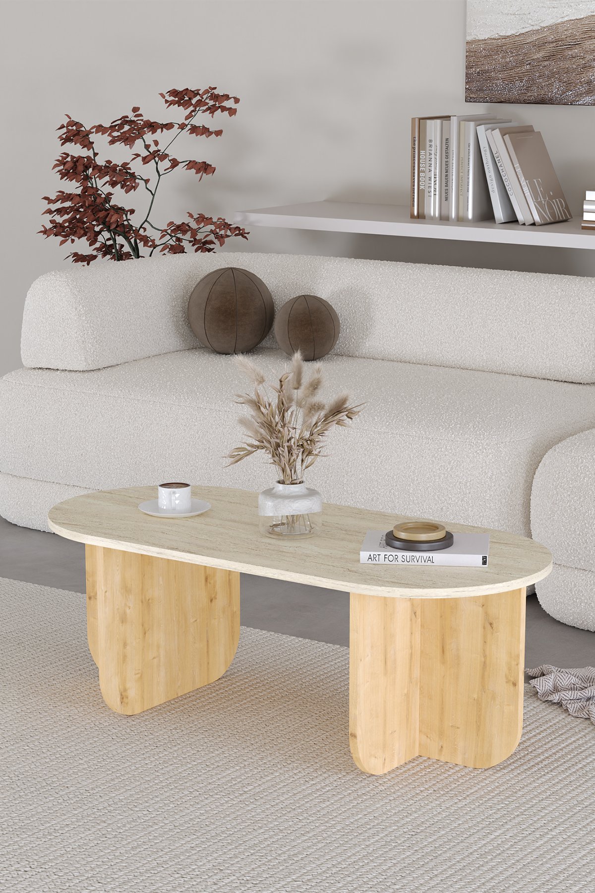 ELO Oval Orta Sehpa, Iskandinav Stil, Bohem, 110x50 cm - Traverten & Safir Meşe