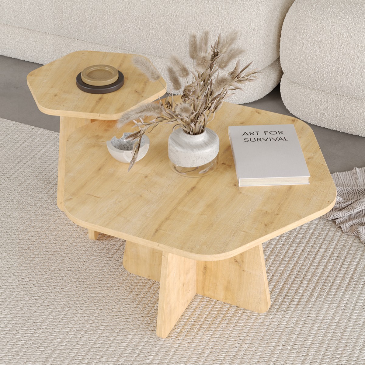 HEXA 2 li Orta Sehpa Seti, Bohem Yan Sehpa, İskandinav Stili 72 cm - 40 cm