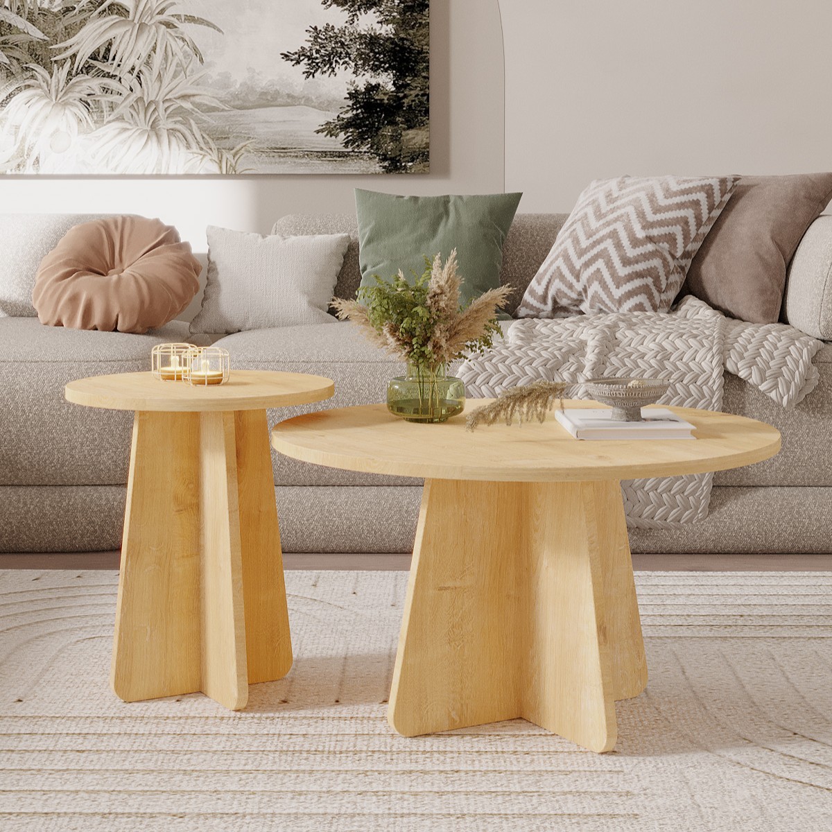 NORD 2'li Orta Sehpa 72 cm-40 cm, İskandinav Orta Sehpa, Bohem, Yuvarlak