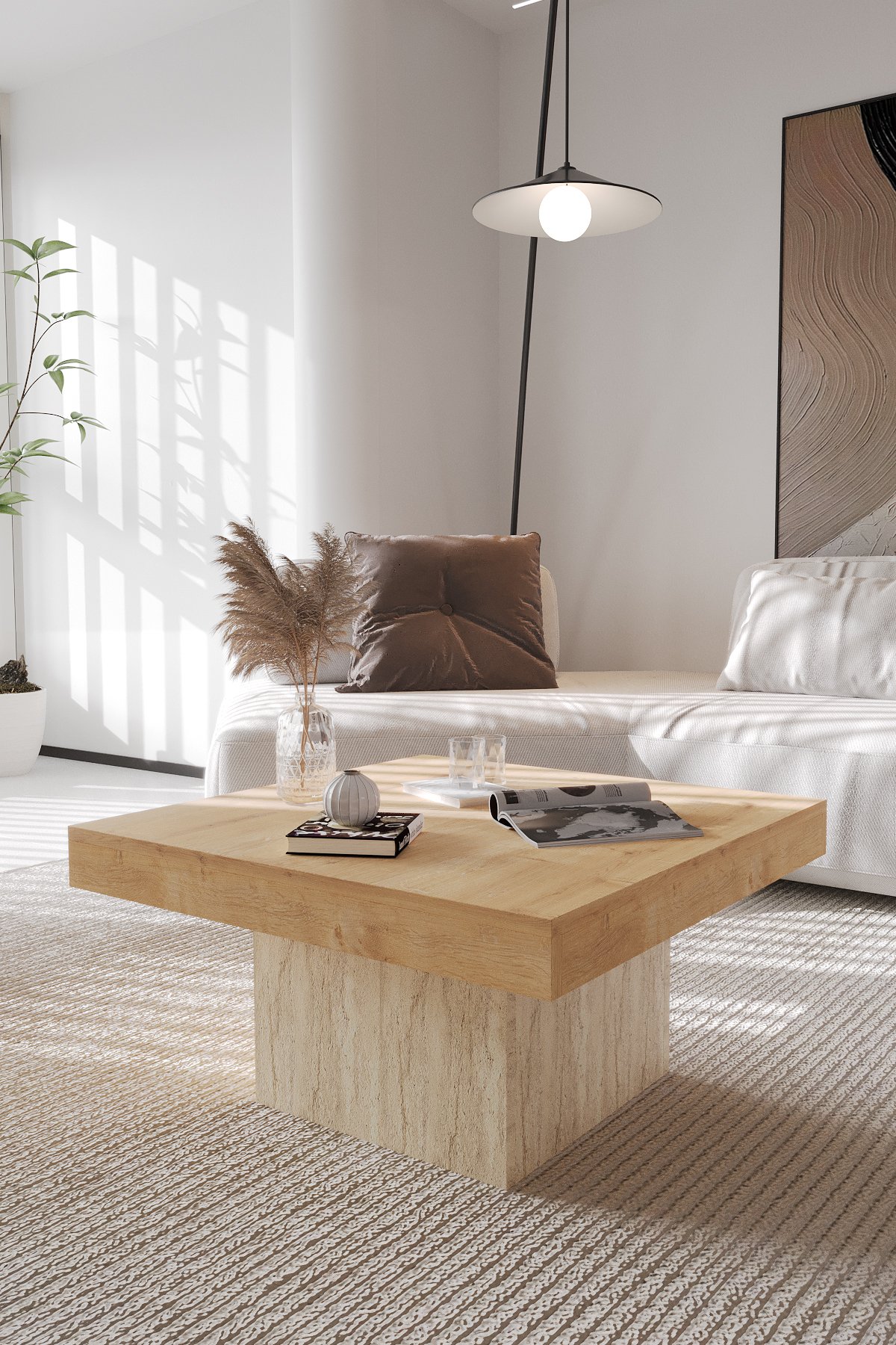 VOLKA Orta Sehpa 72x72 cm İskandinav Stili - Safir Meşe & Traverten