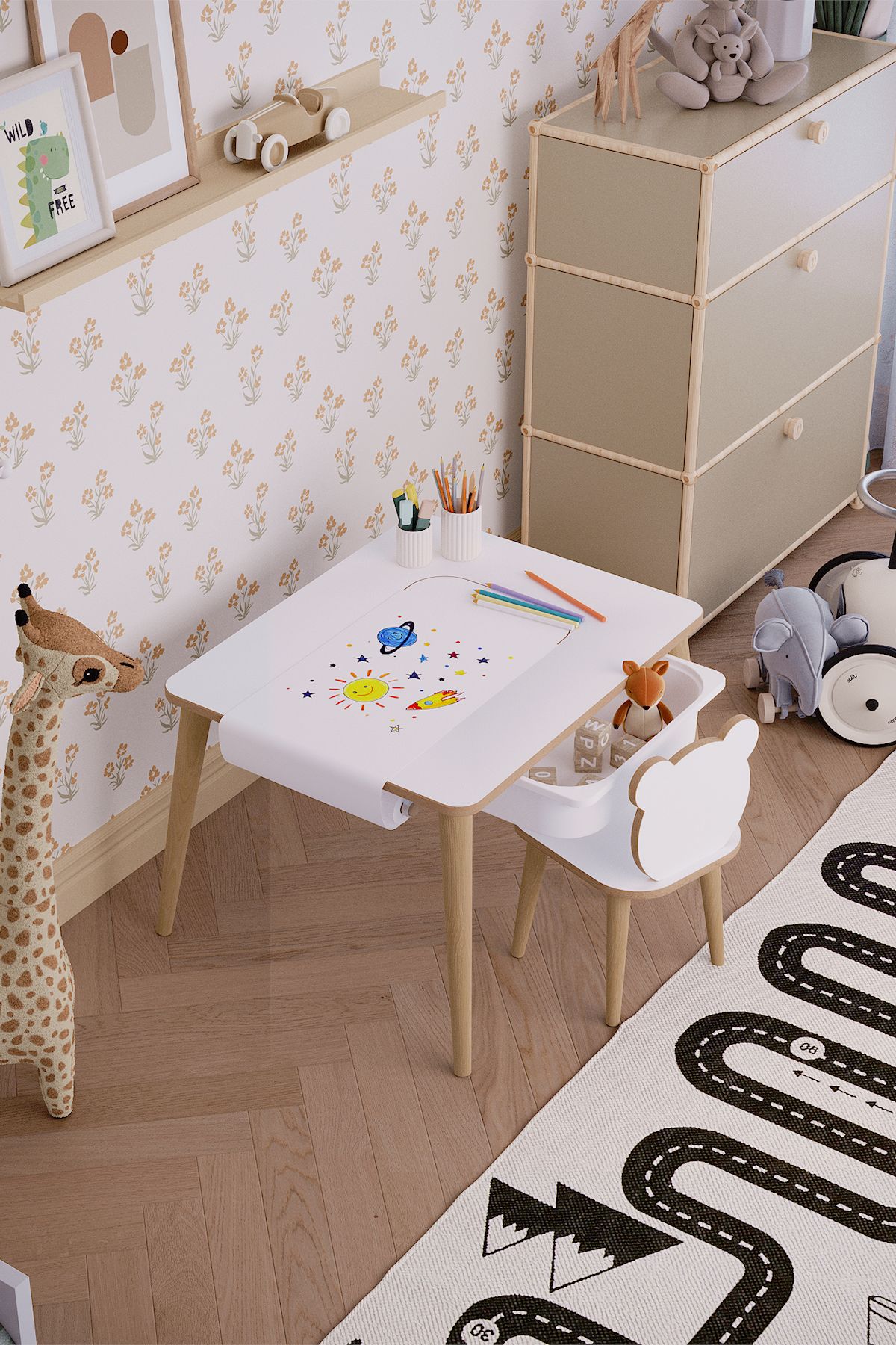 Tek Çekmeceli Aktivite Masası Rulo Resim Kağıtlı - Masa + 1  Panda Sandalye + Rulo Seti