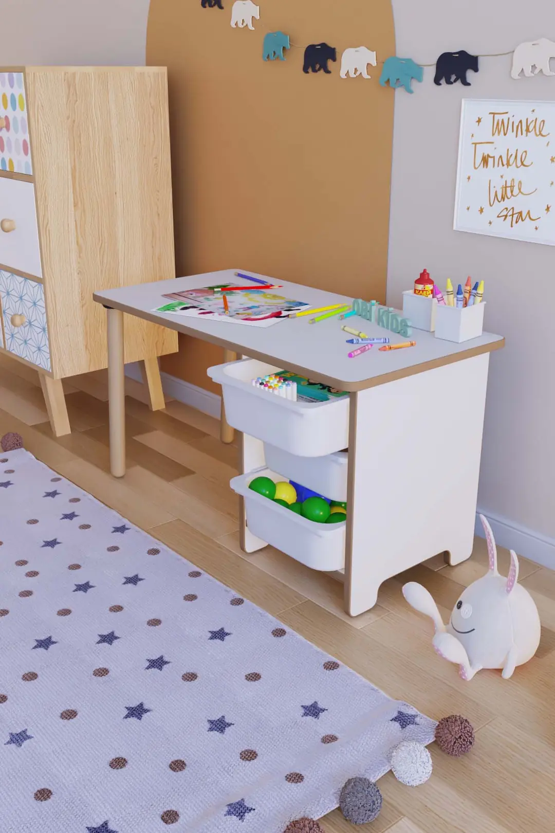 Oyun & Aktivite Masası 90x45 cm Oyuncak Dolabı 3 Sepetli Çocuk Çalışma Masası Oyun Masası - Beyaz - Beyaz — görsel 4