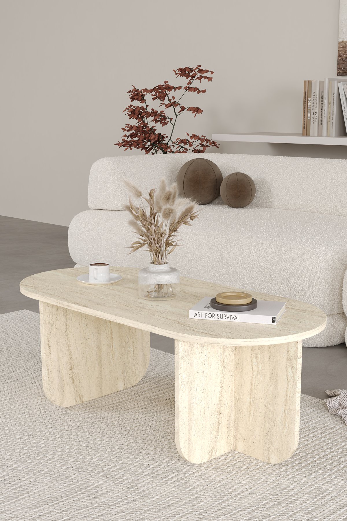 ELO Oval Orta Sehpa, Iskandinav Stil, Bohem, 110x50 cm - Traverten