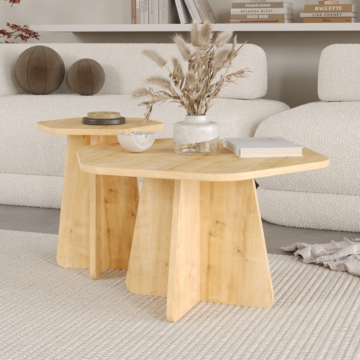 HEXA 2 li Orta Sehpa Seti, Bohem Yan Sehpa, İskandinav Stili 72 cm - 40 cm - Safir Meşe