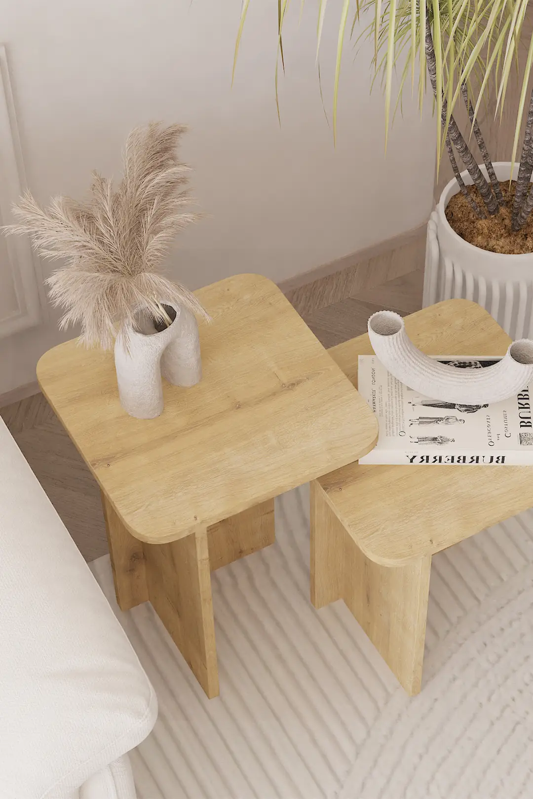 Kare Zigon Sehpa Takımı, 2 li Set, Yan Sehpa - Safir Meşe — görsel 3