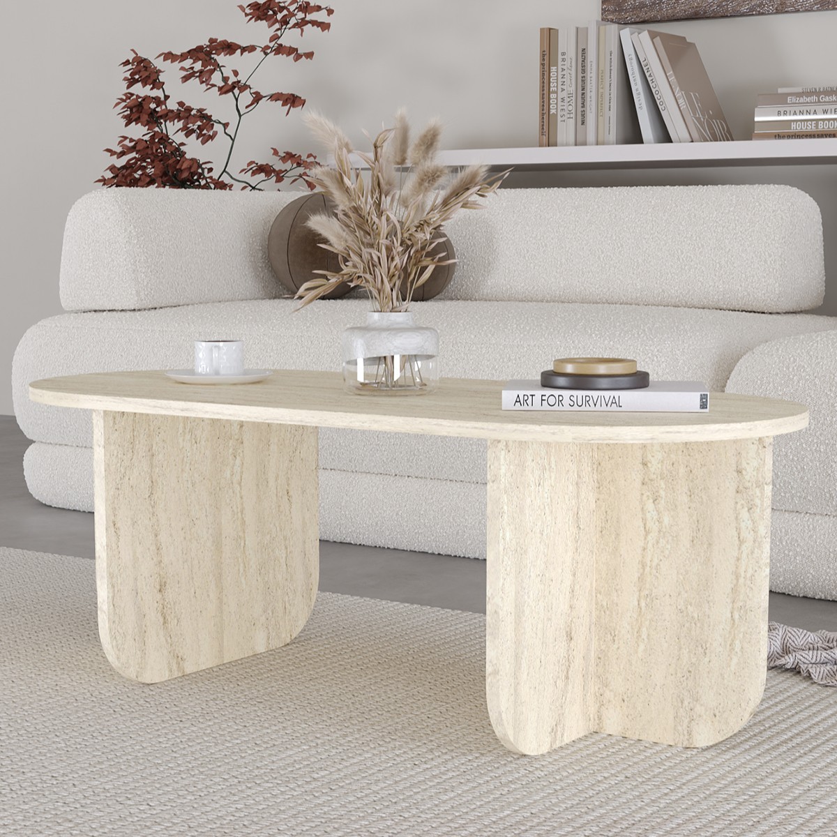 ELO Oval Orta Sehpa, Iskandinav Stil, Bohem, 110x50 cm - Traverten