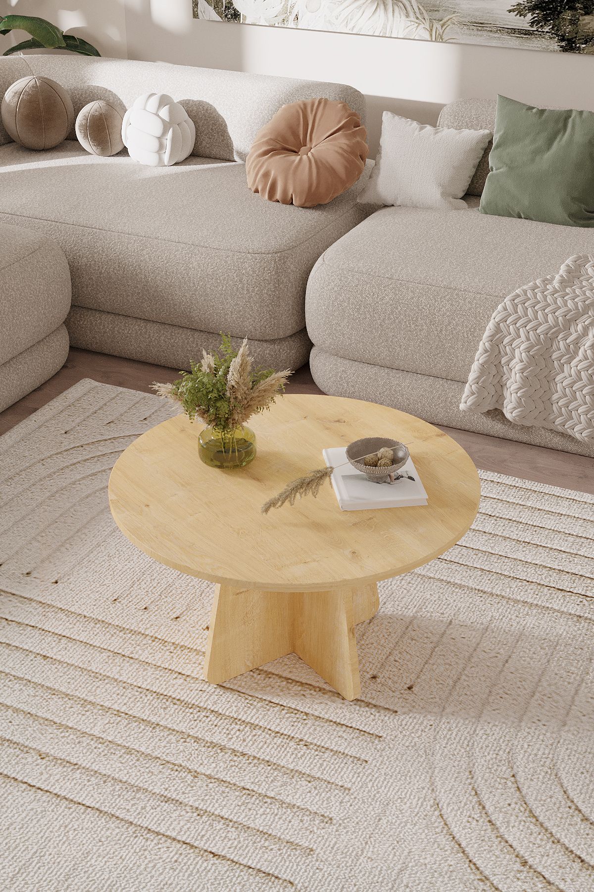NORD Orta Sehpa 72 cm, İskandinav Orta Sehpa, Bohem, Yuvarlak - Safir Meşe