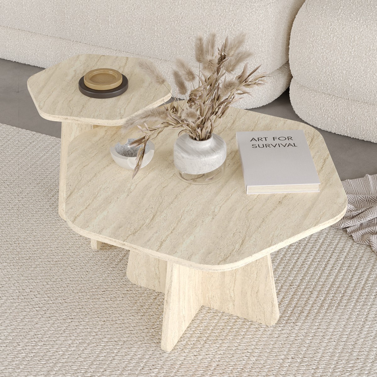 HEXA 2 li Orta Sehpa Seti, Bohem Yan Sehpa, İskandinav Stili 72 cm - 40 cm - Traverten