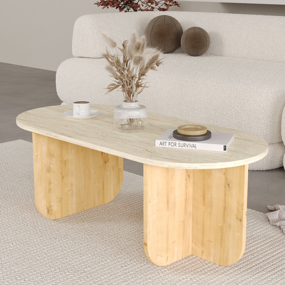 ELO Oval Orta Sehpa, Iskandinav Stil, Bohem, 110x50 cm - Traverten & Safir Meşe