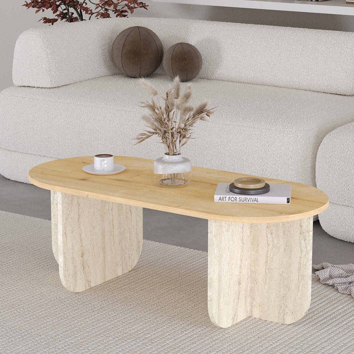ELO Oval Orta Sehpa, Iskandinav Stil, Bohem, 110x50 cm - Safir Meşe & Traverten