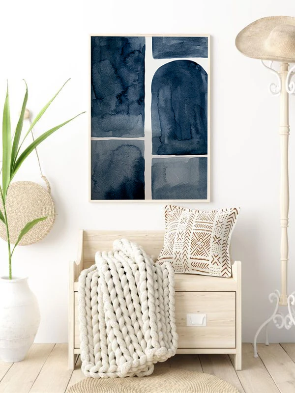 Lacivert Tonlarda Fırça Darbeleri Temalı Çerçeveli Tablo