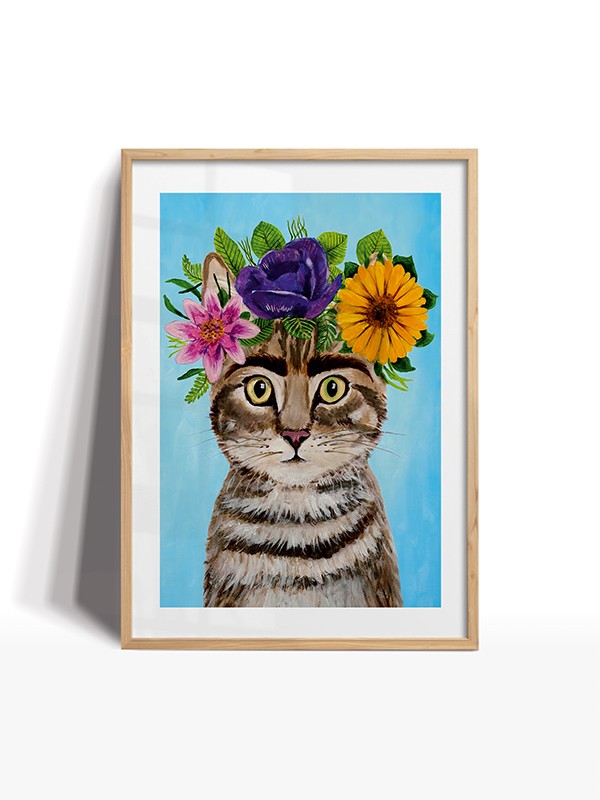 Frida Kahlo Kedi Temalı Çerçeveli Tablo