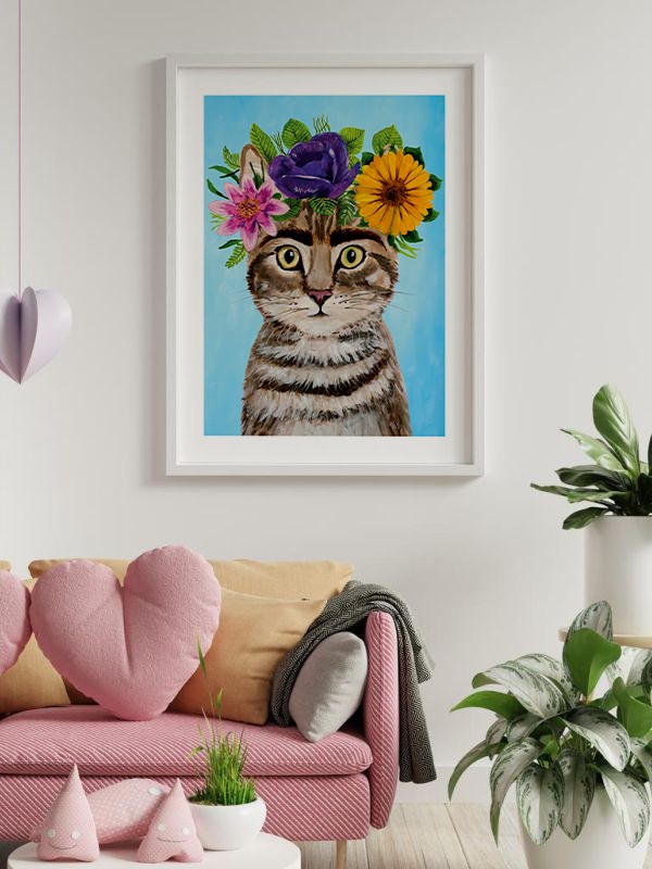 Frida Kahlo Kedi Temalı Çerçeveli Tablo
