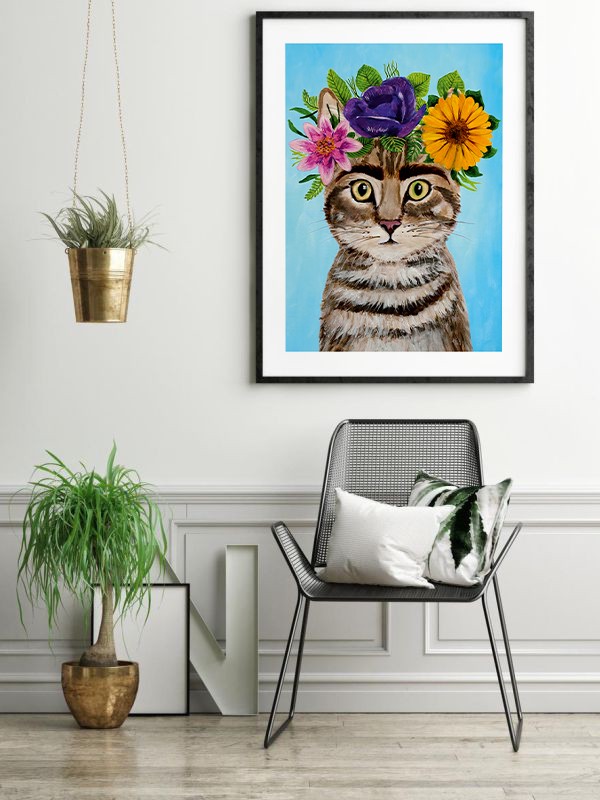 Frida Kahlo Kedi Temalı Çerçeveli Tablo