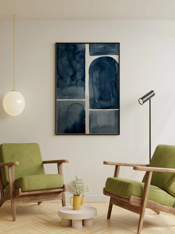 Lacivert Tonlarda Fırça Darbeleri Temalı Çerçeveli Tablo